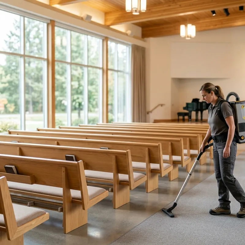 Cleaner tidying a church sanctuary in Bend, Oregon