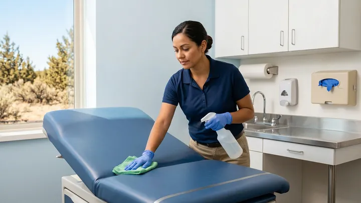 Technician disinfecting a medical exam room in Bend, Oregon