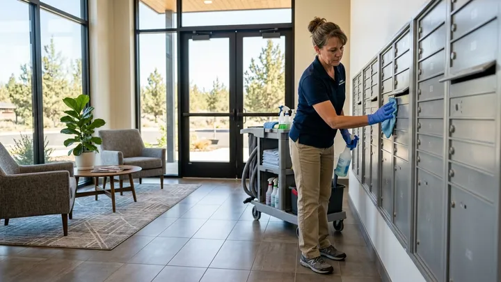 Cleaner mopping a multi-tenant building lobby in Bend, Oregon