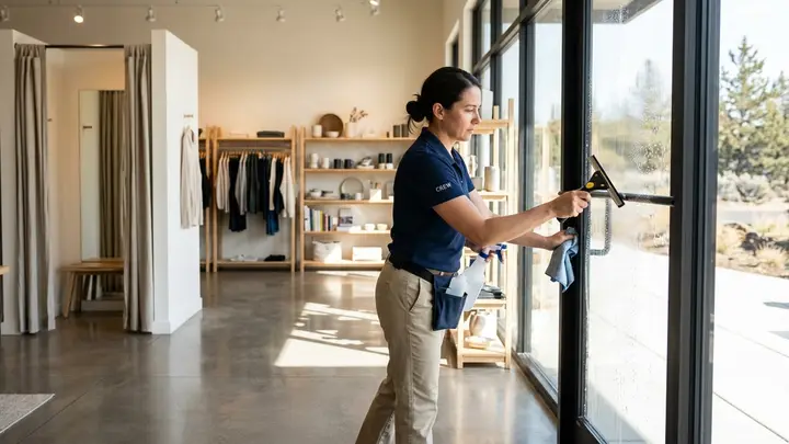 Cleaner detailing retail entrance glass in Bend, Oregon