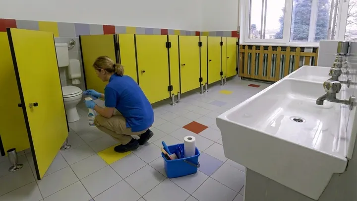 Cleaner sanitizing classroom tables at a Bend, Oregon school