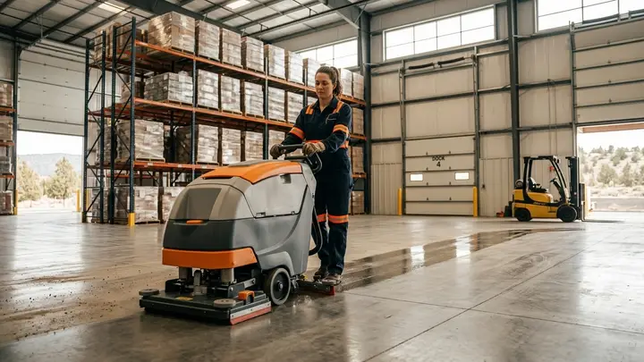Worker scrubbing a warehouse concrete floor in Bend, Oregon