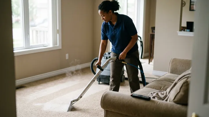 Residential Carpet Cleaning in Bend, Oregon Technician hot-water-extracting a living-room carpet in a Bend, Oregon home