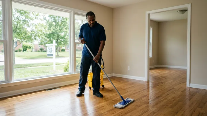 Residential Move-Out & Pre-Sale Cleaning in Bend, Oregon Technician mopping the bare floor of an empty living room in Bend, Oregon