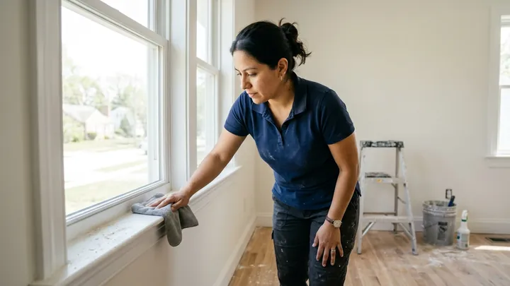 Residential Post-Remodel Cleaning in Bend, Oregon Technician wiping fine construction dust from new trim in a remodeled Bend, Oregon home