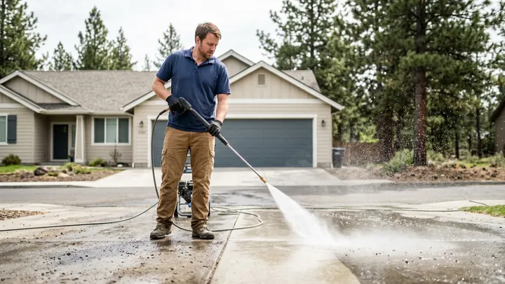 Residential Pressure Washing in Bend, Oregon Technician pressure-washing a residential concrete driveway in Bend, Oregon