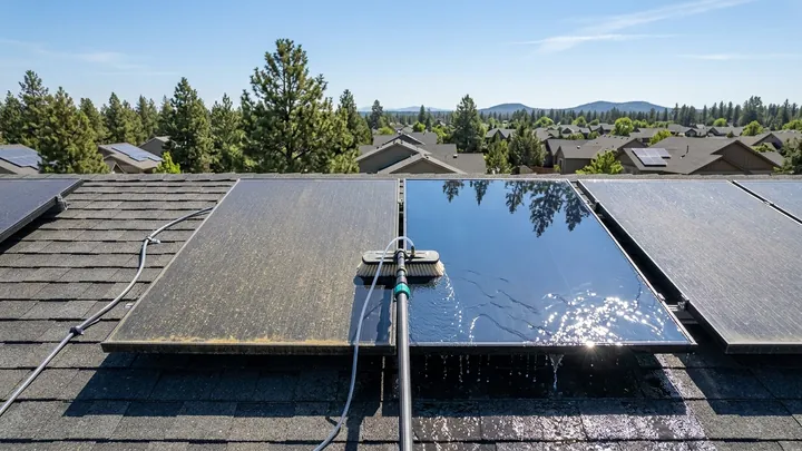 Residential Solar Panel Cleaning in Bend, Oregon Rooftop home solar panels cleaned with a water-fed pole in Bend, Oregon