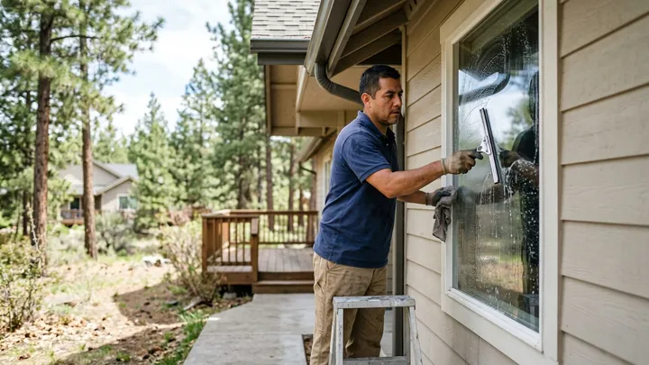 Residential Window & Gutter Cleaning in Bend, Oregon Technician squeegeeing a home window clean beside the gutters in Bend, Oregon