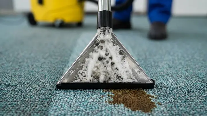 Technician hot-water-extracting an office carpet in Bend