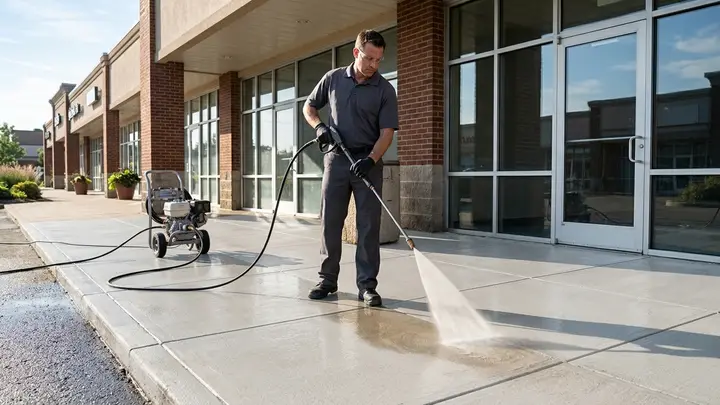 Pressure washing a concrete storefront walkway in Bend