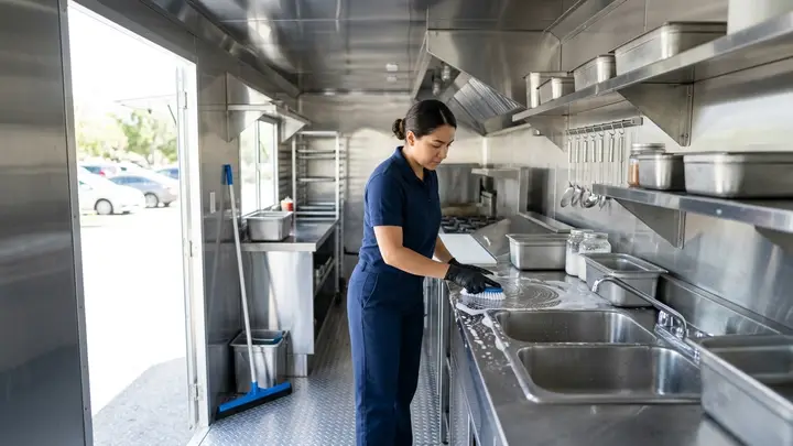 Worker scrubbing the stainless interior of a Bend, Oregon food truck