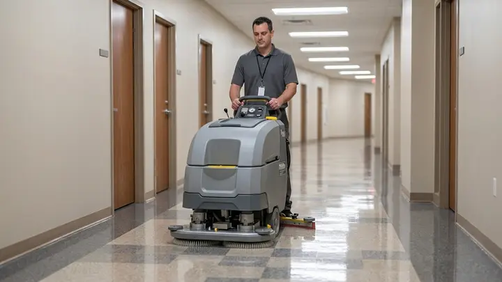 Worker buffing a glossy VCT tile corridor to a shine in a Bend, Oregon facility