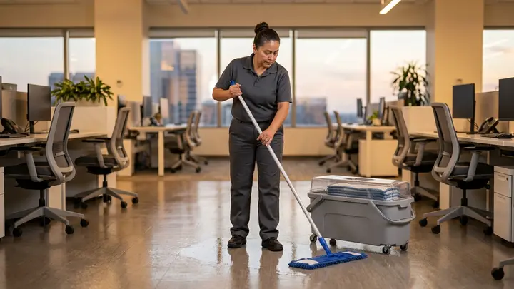 Janitor damp-mopping a Bend office floor after hours