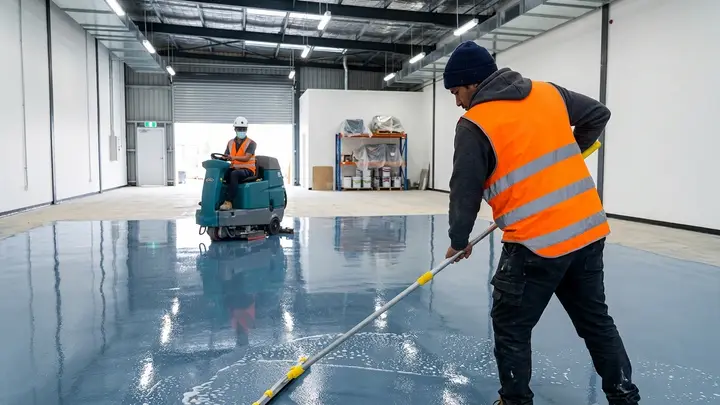 Cleaner wiping construction dust in a new Bend office