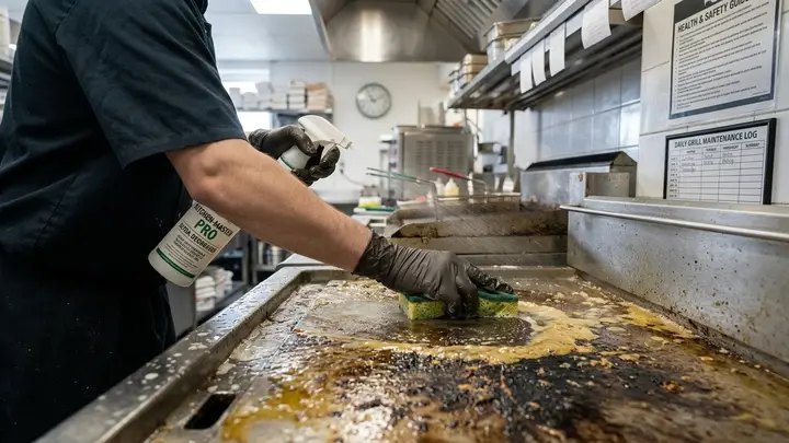 Worker degreasing a stainless commercial kitchen hood in a Bend, Oregon restaurant
