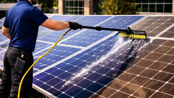 Technician rinsing a rooftop solar array with purified water in Bend, Oregon